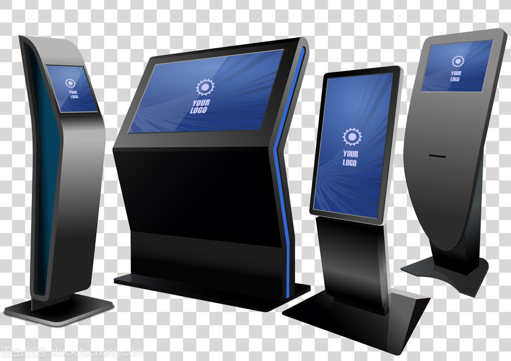 四宣傳互動(dòng)信息亭, 廣告展示, 終端展臺(tái), 觸摸屏顯示屏在透明背景下隔離。模擬模板